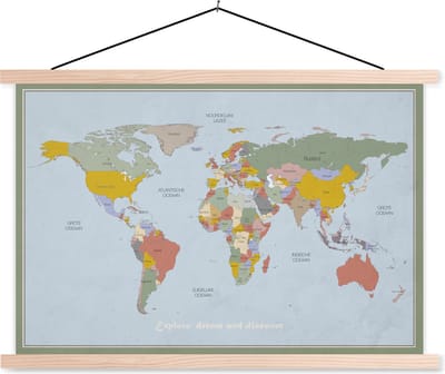 Wereldkaart Historisch Vintage schoolplaat platte latten blank 150x100 cm - Foto print op textielposter (wanddecoratie woonkamer/slaapkamer)