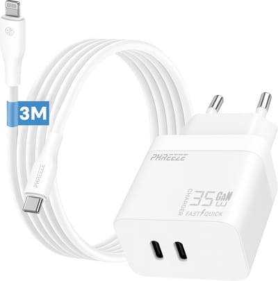 Phreeze usb C oplader met kabel geschikt voor iPhone en iPad met Lightning kabel - 3 meter - Power Delivery snellader met 2 usb C poorten - GaN charger