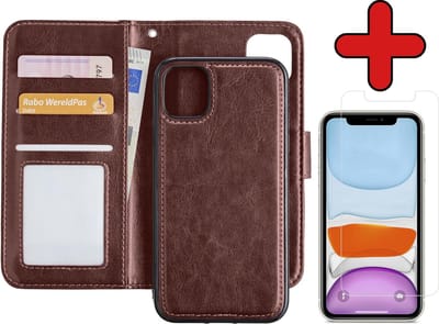Hoesje - 2 in 1 - Geschikt voor Apple iPhone 11 - Met Screenprotector - En Uitneembare Hard Cover - Kunstleer - Bookcase - Wallet Case - Met Pasjeshouder - Book Case - Uitneembaar - Pashouder - Telefoonhoes - Bruin