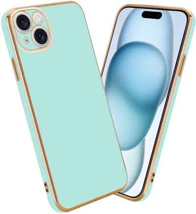 Cadorabo Hoesje geschikt voor Apple iPhone 15 PLUS in Glossy Mintgroen - Goud - Beschermhoes Case Cover van flexibel TPU-silicone en met camerabescherming