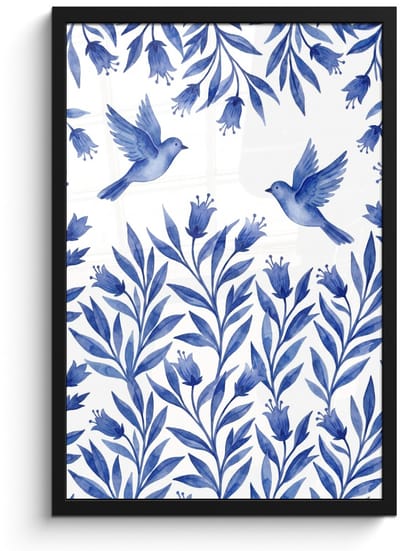 Poster in lijst - Fotolijst 40x60 cm - Posters - Modern - Vogels - Delfts - Blauw - Posterlijst zwart - Decoratie - Wanddecoratie woonkamer - Muurdecoratie slaapkamer