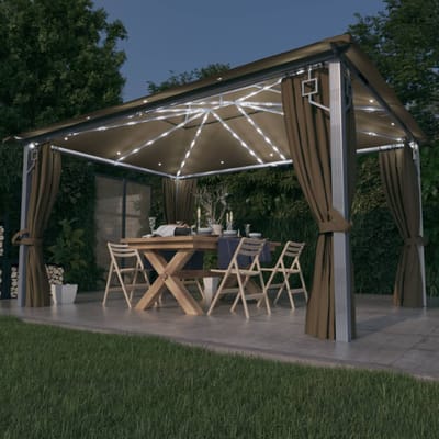 vidaXL - Prieel - met - gordijn - en - LED-lichtslinger - 4x3 - m - aluminium - taupe