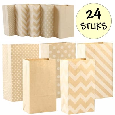 24x Natural Uitdeelzakjes Met Patroon - 13x8x24cm - Stevig Papier - Traktatie Zakjes - Papieren Zakjes - Cadeau Zakjes - Met Blokbodem - Mix - 24 Stuks