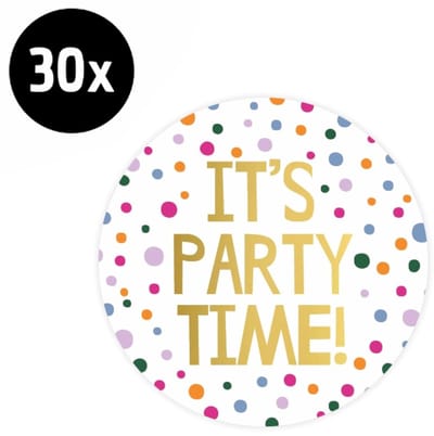 30x Sticker It's Party Time! Confetti - Goudfolie - Sluitsticker - Sluitzegel - Feeststicker Presentje - Enveloppe - Cadeau - Gift - Cadeauzakje - Traktatie - Leuk inpakken - Sticker - 50mm - 30 Stuks