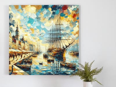 Olieverf haven schilderij | Maritieme meesterwerk: kleurrijke haven met penseelstreken tot leven gewekt | Kunst - 100x100 centimeter op Forex | Foto op Forex