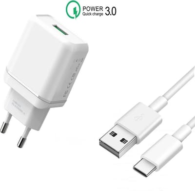 Usb Stekker 5V 3A + usb-C Kabel - Usb C naar usb-A - 1 Meter - Usb Lader - Telefoon Oplader - Quick Charge - Wit