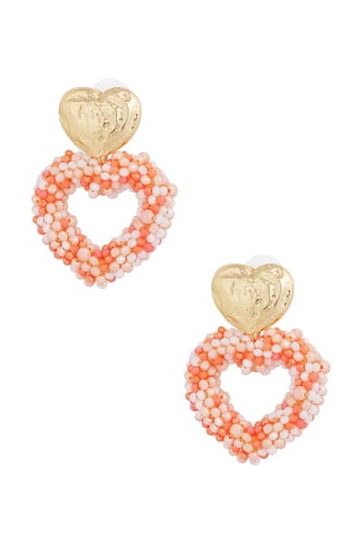 Hartvormige Kralen Oorbellen – Oranje/Roze Statement Oorbellen met Goudkleurige Hart Stud – Dames