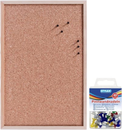Prikbord van kurk 60 x 40 cm - met 40 gekleurde punaises - Kantoor benodigdheden - Memoborden