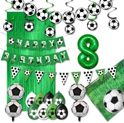 LUQ – Verjaardag 8 Jaar Voetbal Set – Groen-Zwart-Wit – Kinderfeest Football Decoratie – Birthday Versiering Pakket