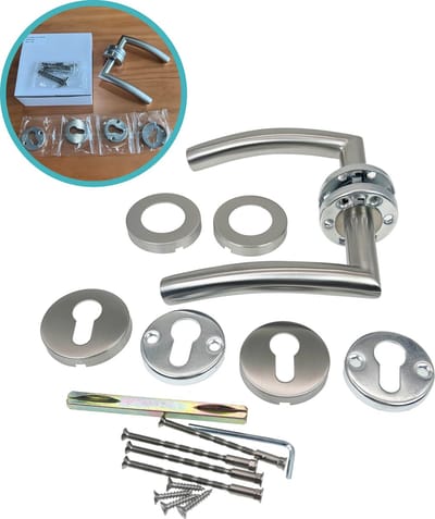 Kierr® Deurklink Curved - Roestvrijstalen Deurkruk met Sleutelgat voor binnendeuren - Modern Deurbeslag met Gebogen Handvat - Zilver - RVS - Inclusief Ronde Rozetten
