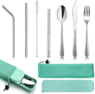 9-delige RVS Camping Bestekset voor Buiten, Inclusief Mes, Vork, Lepel, Metalen Rietjes, Eetstokjes en Schoonmaakborstel in Groene Tas voor Picknick en Wandelen