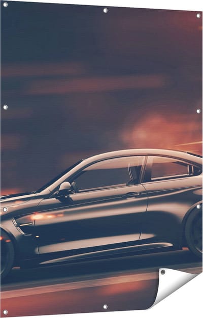 Gards Tuinposter Zwarte Sportwagen Auto met Vlammen - 90x120 cm - Tuindoek - Tuindecoratie - Wanddecoratie buiten - Tuinschilderij