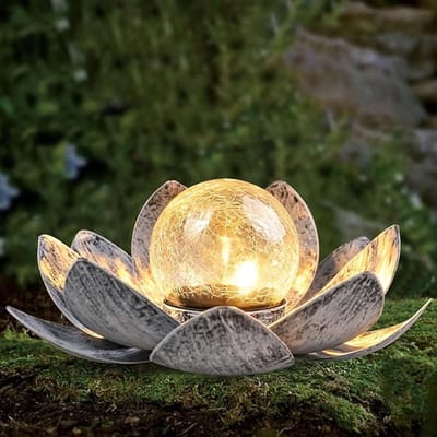Tuinlamp op Zonne-energie – Solar Lotus Bloem Lamp met Crack Glas Bol – Waterdichte LED Tuindecoratie Buitenverlichting – Sfeervolle Tuinverlichting (Energieklasse A+)