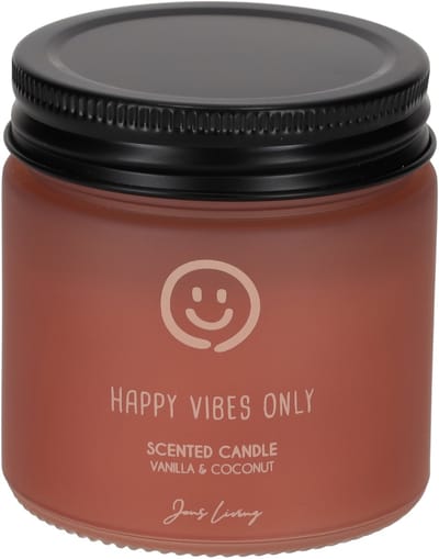 JENS Living - Geurkaars - HAPPY VIBES ONLY - Branduren: 15u - Geur: vanille & kokos - 7 x 7 x 8 cm