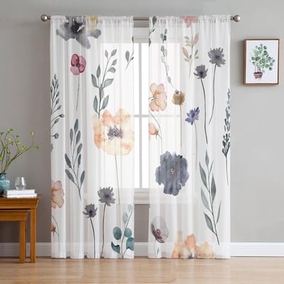 Aquarel Bloem Plant Bladeren Transparant Raamgordijn Tule Gordijnen voor Woonkamer Slaapkamer Hotel Huisdecoratie Voile Draperieën 135W x 114H(cm) white