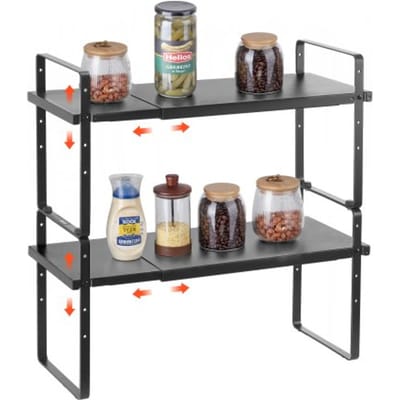 VEVOR Verstelbare kruidenrek, staand, 2-laags, grote capaciteit keukenplank, stapelbare organizer voor op het aanrecht, opbergruimte, voorraadkast, organizer voor keuken, badkamer, kantoor, zwart