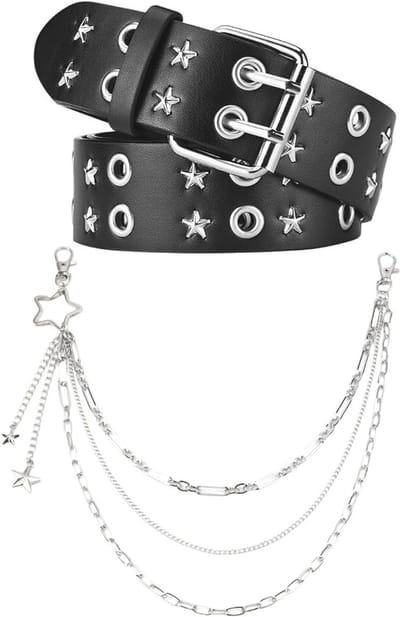 Punk Rock Riem met Nieten en Oogjes voor Dames en Heren, Verstelbare Leren Tailleband met Sterrenketting en Metalen Broekketting voor een Trendy Look