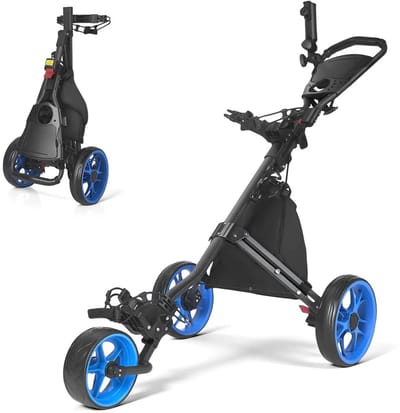 Miryx Golftrolley - Golfwagen - Golfcaddy - 3-wielige - In Hoogte Verstelbare - Opbergtas - Voetrem - Parapluhouder - Zwart/Blauw