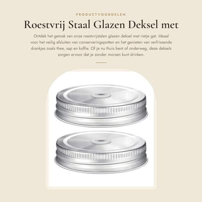 Deksel 70 mm - Dekselhouder - Dekselopener - Deksel voor glazen pot - Deksel met rietje - Luchtdichte afdekking - Tumblerdeksel