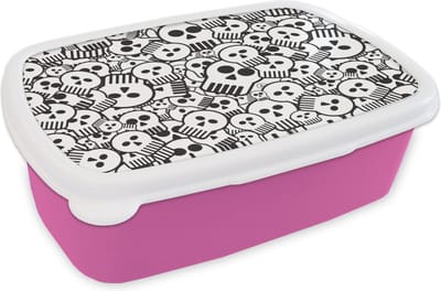 Broodtrommel Roze - Lunchbox - Brooddoos - Schedel - Patronen - Punk - Cartoon - 18x12x6 cm - Kinderen - Meisje