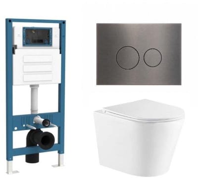 QeramiQ Dely Toiletset - inbouwreservoir Qeramiq Flush - slim zitting - metaal gunmetal bedieningsplaat - ronde knoppen - glans wit