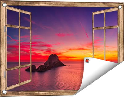 Gards Tuinposter Doorkijk Ibiza Rotsen Eiland bij Zonsondergang - 60x40 cm - Tuindoek - Tuindecoratie - Wanddecoratie buiten - Tuinschilderij