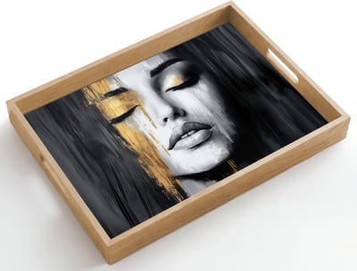 Dienblad hout 50x35 cm - Schootdienblad - Gezicht - Vrouw - Penseelstreken - Abstract - Borrelplank rechthoek - Plateau dienbladen