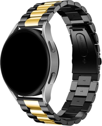 Stravo Stalen schakel bandje - geschikt voor Samsung Galaxy Watch 7 (40 & 44mm) / Galaxy Watch 6 (Classic) / Galaxy Watch 5 / Watch 5 Pro / Watch 4 (Classic) / Watch FE - Metalen RVS bandje voor Galaxy Watch 4-5-6 alle varianten - Zwart/goud