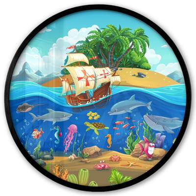 Poster in lijst Rond - Fotolijst 40x40 cm - Posters - Piratenschip - Onderwater - Zeedieren - Onderwaterwereld - Ronde posterlijst zwart - Decoratie - Wanddecoratie woonkamer - Muurdecoratie slaapkamer