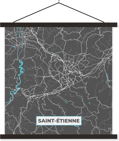 Posterhanger incl. Poster 60x60 cm - Schoolplaat - Saint-Étienne - Frankrijk - Plattegrond - Kaart - Stadskaart - Textielposter - Zwarte latten - Stadskaart