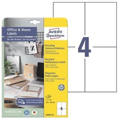Gerecycleerde universele etiketten A6 verwijderbaar natuurlijk wit 105x148 mm 40