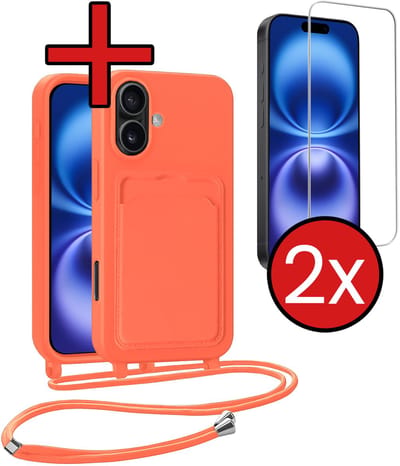 Hoesje Geschikt voor iPhone 16 Hoesje Met Telefoonkoord en Pasjeshouder Met 2x Screenprotector Siliconen - Hoes Geschikt voor iPhone 16 Hoesje Met Kaarthouder Case - Papaya