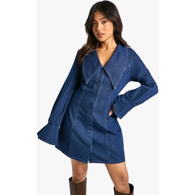 boohoo Dames Petite Kraag Detail Denim Shiftjurk | Blue | Maat: 6