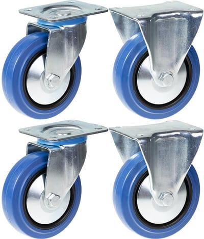 125 mm (5 inch) zwenkwielen met blauw rubber, zwenkbaar en vast, zeer stevig, draagvermogen 800 kg, set van 4