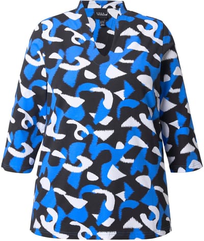 Ulla Popken - Dames - Shirt grafische print goblet kraag 3/4-mouwen - Koningsblauw - Maat 46+