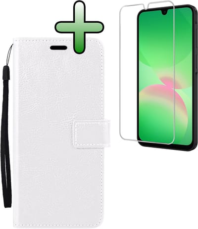Hoesje Met Screenprotector - Geschikt voor Samsung Galaxy A26 - Luxe Pasjeshouder - Bookcase Portemonee - Flip Case - Kunstleer Book Case - Flipcase - Book Cover - Walletcase - Portemonneehoes - Wit