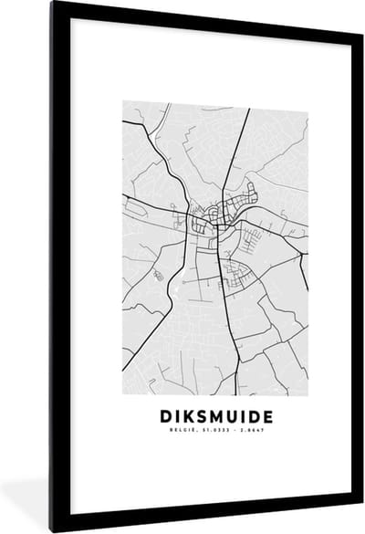 Fotolijst incl. Poster Zwart Wit- België – Diksmuide – Stadskaart – Kaart – Zwart Wit – Plattegrond - 60x90 cm - Posterlijst