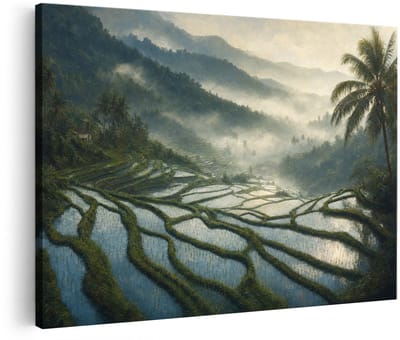 Artaza Canvas Schilderij Rijstvelden in Bali - Mistig Tropisch Landschap - 60x40 cm - Wanddecoratie Woonkamer - Schilderijen - Muurdecoratie