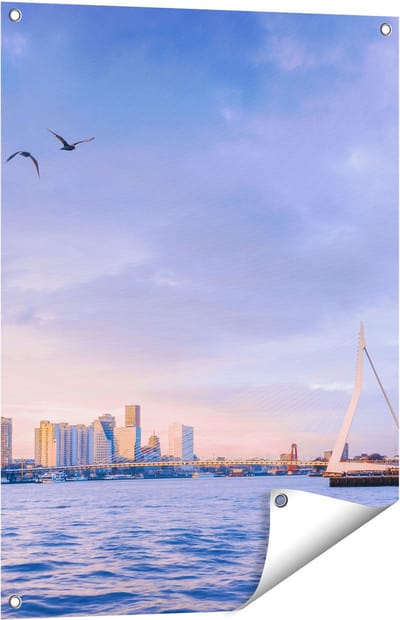 Gards Tuinposter Rotterdamse Skyline aan het Water - 60x80 cm - Tuindoek - Tuindecoratie - Wanddecoratie buiten - Tuinschilderij