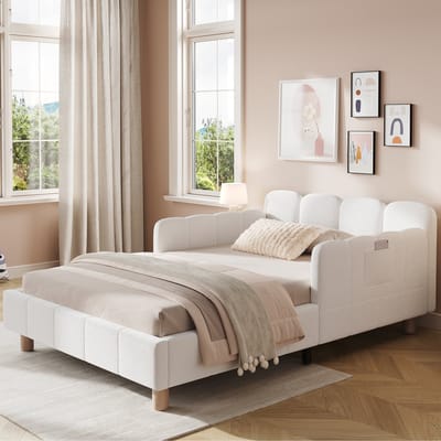 Gestoffeerd bed - eenpersoonsbed - kinderbed 90 x 200 cm - met gestoffeerd hoofdeinde en valbeveiligingshek - wit - zonder matras