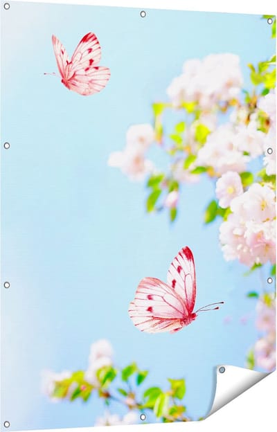 Gards Tuinposter Twee Roze Vlinders bij Roze Bloesem Bloemen - 90x120 cm - Tuindoek - Tuindecoratie - Wanddecoratie buiten - Tuinschilderij