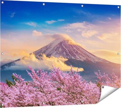 Gards Tuinposter Fuji Berg met Roze Bloesembomen - Bloemen - 120x90 cm - Tuindoek - Tuindecoratie - Wanddecoratie buiten - Tuinschilderij
