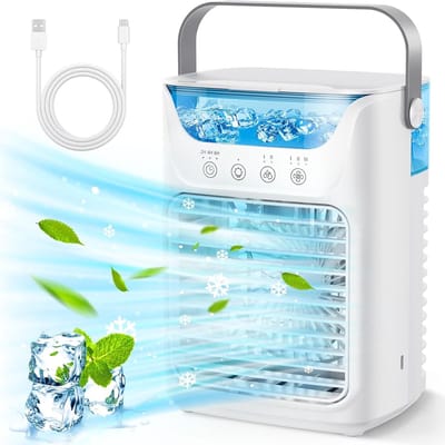 Ulisem - Draagbare airconditioner - 3-in-1 verdampingskoeler - 3 ventilatorsnelheden - LED nachtlampje - 6-uur timer - 700 ml watertank - Type-C - Stil (<50dB) - Voor slaapkamer en kantoor