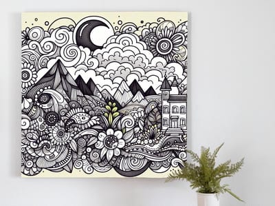 Doodle landschap schilderij | Verfijnd krabbel landschap: een kunstwerk van creatieve verbeelding | Kunst - 20x20 centimeter op Dibond | Foto op Dibond