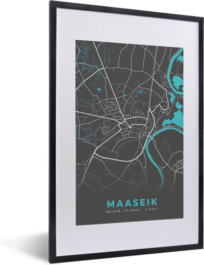 Fotolijst incl. Poster - Plattegrond – Maaseik – Blauw – Stadskaart - Kaart - 40x60 cm - Posterlijst