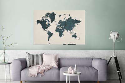 Aluminium schilderij 180x120 cm - Wanddecoratie metaal - Wereldkaart - Blauw - Bruin - Metalen muurdecoratie woonkamer - Decoratie industrieel - Foto op dibond - Industriële accessoires slaapkamer
