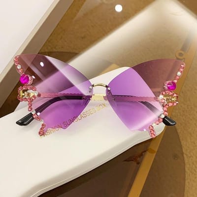 Diamond Butterfly Zonnebril Dames Vintage Randloos Oversized Cat Eye Gradient Zonnebril Dames Brillen paars