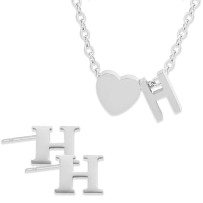 Initiaal Ketting & Oorbellen set met Letter H ZIlverkleurig - Stainless Steel - Met letter & Hartje! - 2x Sieraden Cadeau - Pax Amare
