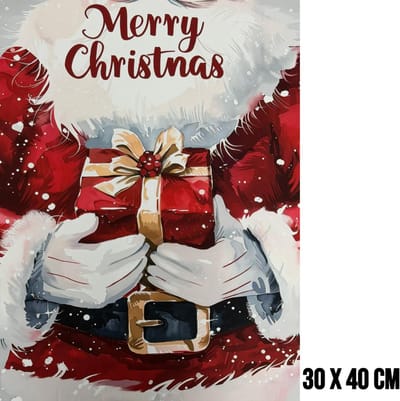 Allernieuwste.nl® Canvas Schilderij Kerstman met Cadeau Merry Christmas Tekst – 30 x 40 cm – Feestelijke Wanddecoratie – Kerstmis – Feestdagen - Muurdecoratie