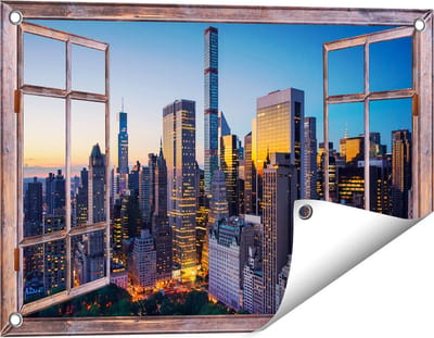 Gards Tuinposter Doorkijk New York bij Zonsopgang - 60x40 cm - Tuindoek - Tuindecoratie - Wanddecoratie buiten - Tuinschilderij